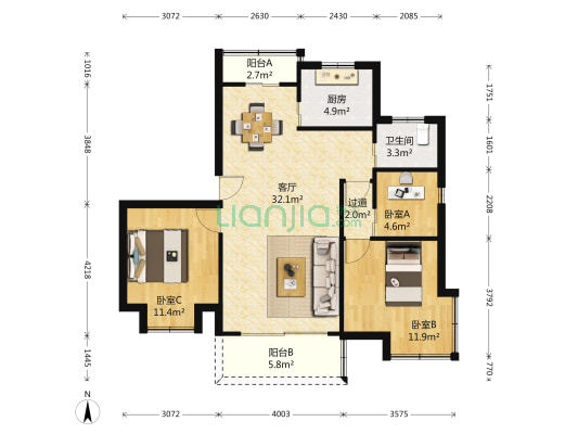 香杉园 3室1厅1卫 113平方