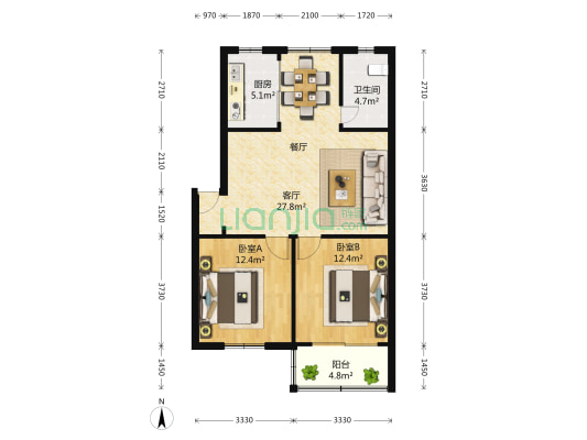 汇达苑 2室2厅1卫 86平方