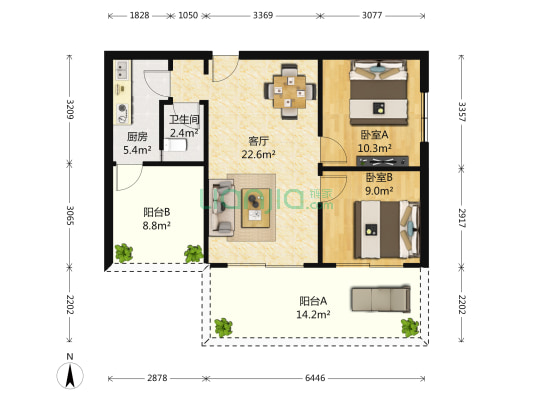 缤舍 2室1厅1卫 87平方