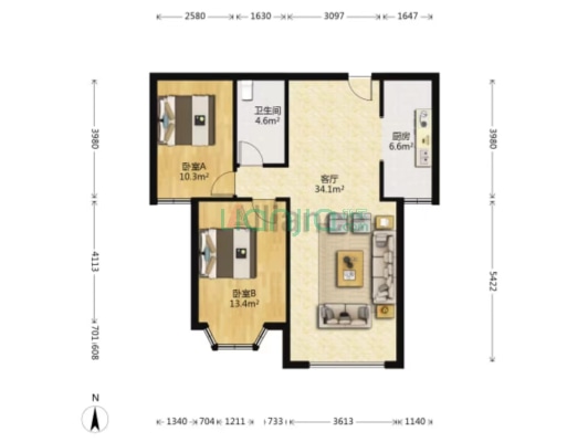 业主诚意出售钻石精装两居，户型朝向俱佳-户型图