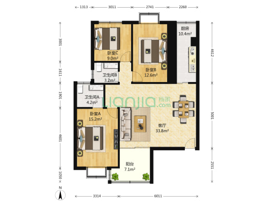 天韵家园 3室1厅2卫 120平方