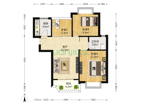 世纪城金域华府 3室1厅1卫 95平方
