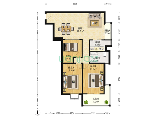城市印象 3室1厅1卫 121平方