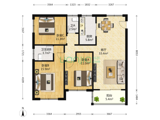 长江国际泓园 3室1厅2卫 125平方
