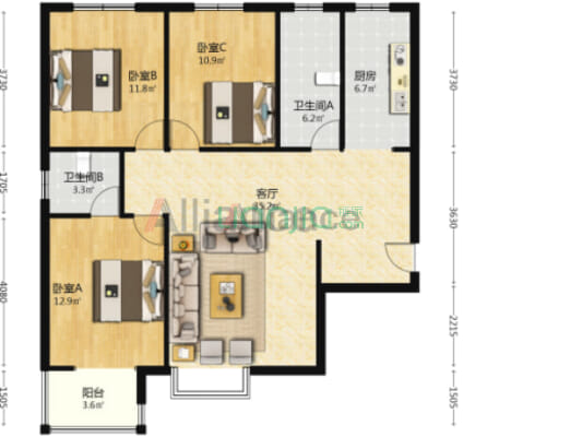 北新家园 3室2厅 南 北-户型图