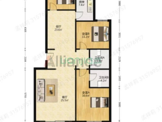 开发区优质大三居，客厅，主卧朝阳，双卫，带地下室。-户型图