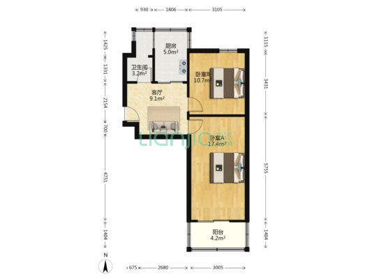 建设局住宅小区 2室1厅 南 北-户型图