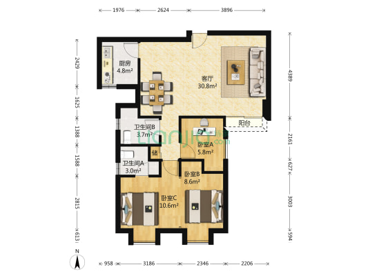 银谷苑 3室1厅2卫 96平方