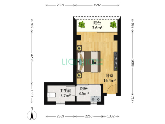 百合星城一期 1室0厅1卫 36平方