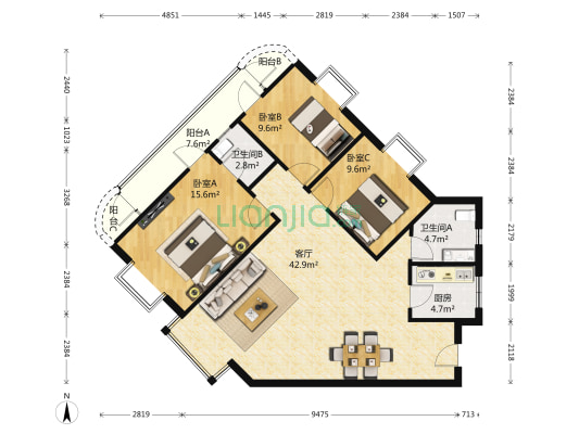 千峰彩翠 3室1厅2卫 138平方