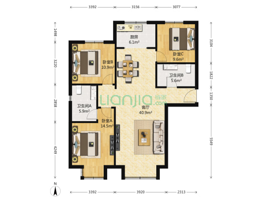 中信新城东区 3室1厅2卫 130平方