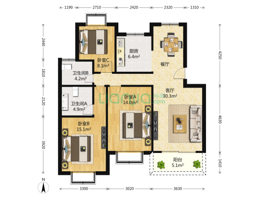 丹桂佳苑 3室2厅2卫 110平方