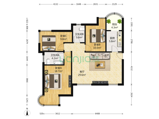 天马相城三期 3室1厅2卫 130平方