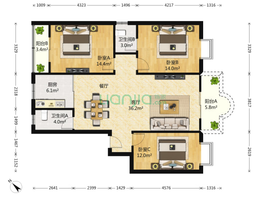 博大学府花园 3室1厅2卫 127平方