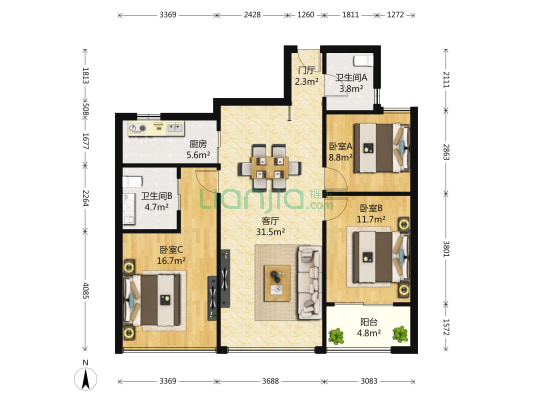 郡望府 3室1厅2卫 90平方