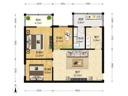 银通苑 3室2厅1卫 84平方