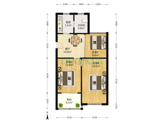 新黄小区 2室2厅1卫 91平方