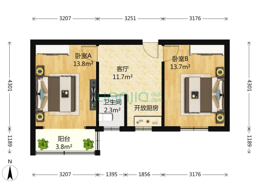 安国村 2室1厅1卫 58平方