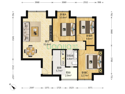 锦绣西苑二期 3室1厅1卫 90平方