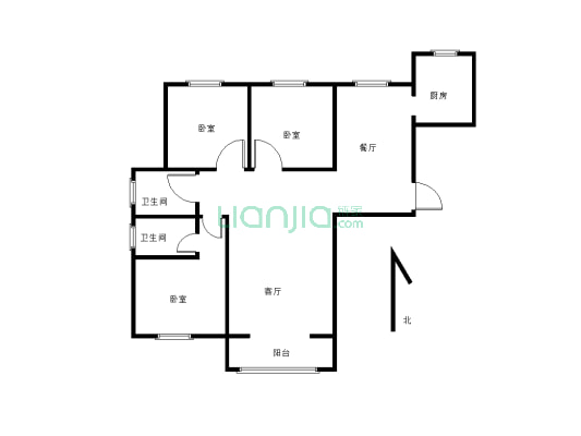 此房是三室两厅，一厨两卫，楼层好，视野宽阔，采光足-户型图