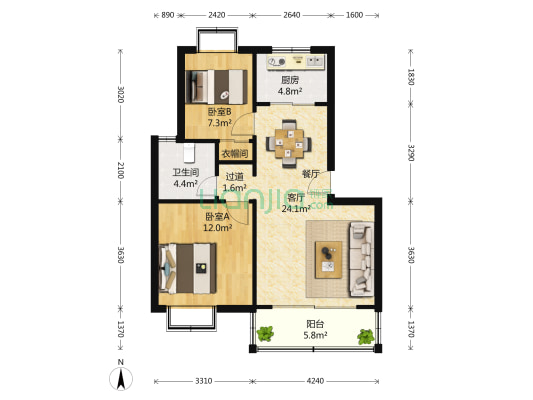 荣汇公寓 2室2厅1卫 83平方