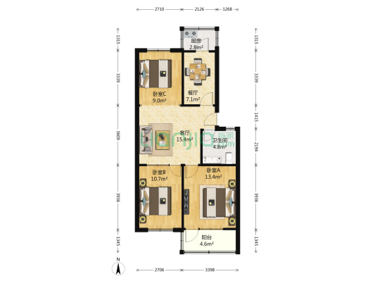 福华园(市南) 3室2厅1卫 90平方