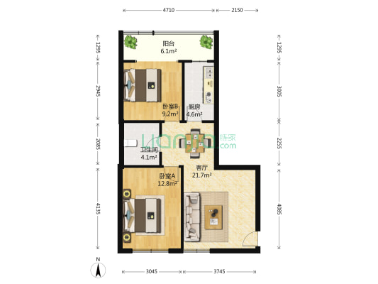 颐家春天花园 2室1厅1卫 76平方