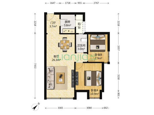 龙湖金楠天街 2室1厅1卫 77平方
