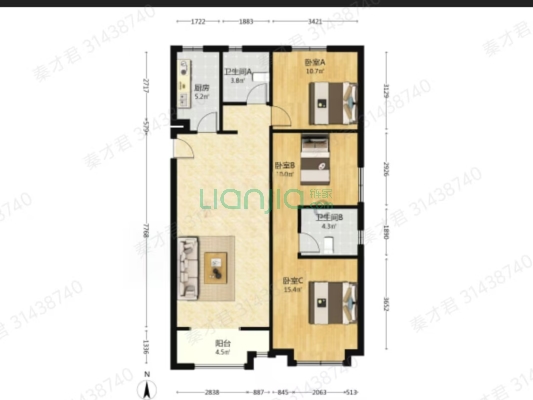 涿州孔雀城悦澜湾 3室2厅 南 北-户型图