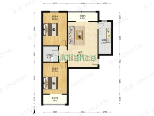水岸花城小区南北通透精装修大两居，大社区交通便利-户型图