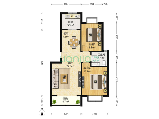 上海花园 2室2厅1卫 110平方