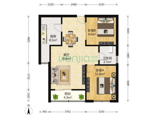 华远君城 2室1厅1卫 86平方