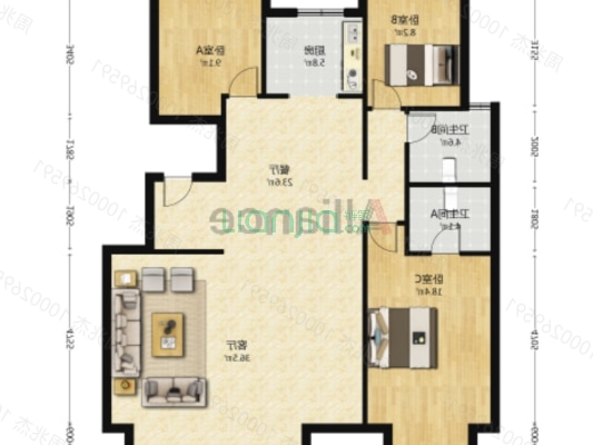 钻石商圈，集中供暖，电梯洋房，三室两厅双卫户型-户型图