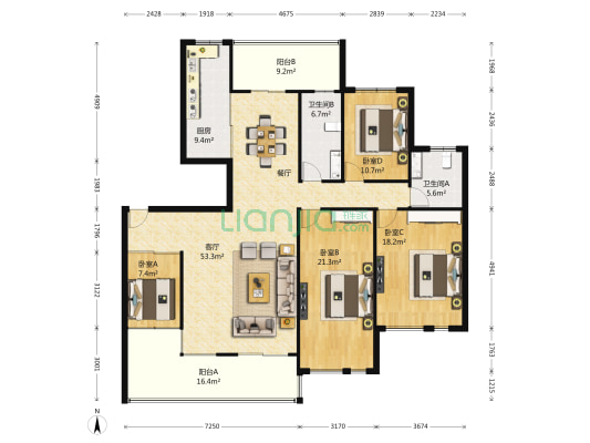 东湖楚世家 4室1厅2卫 174平方