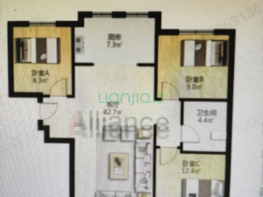 鸿坤F户型    精装修    中间楼层    随时看房-户型图