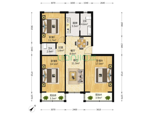 龚华公寓 3室2厅2卫 108平方
