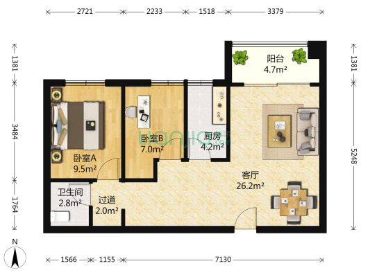 海甸大厦 2室1厅1卫 80平方