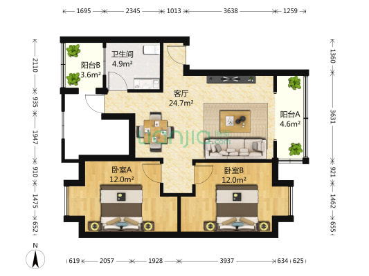 晋源彩庭 2室1厅1卫 80平方