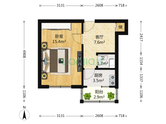 月坛北街25号院 1室1厅1卫 40平方
