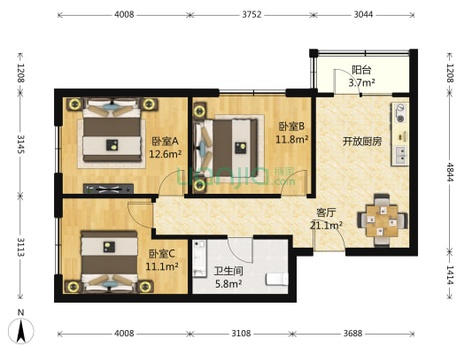 百合IT家园 3室1厅1卫 89平方