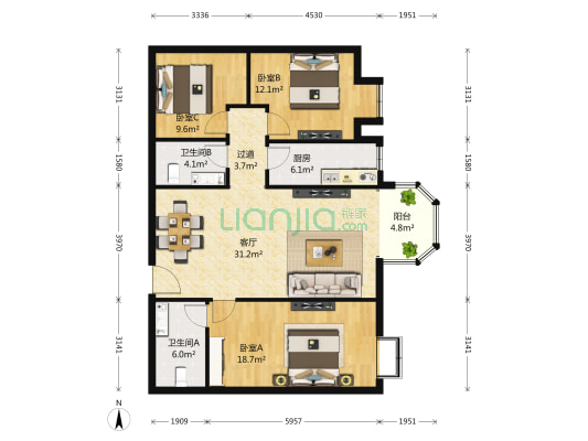 珠江帝景博悦 3室1厅2卫 124平方