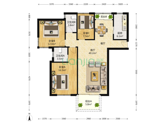 联洋花园(一期) 3室2厅2卫 122平方