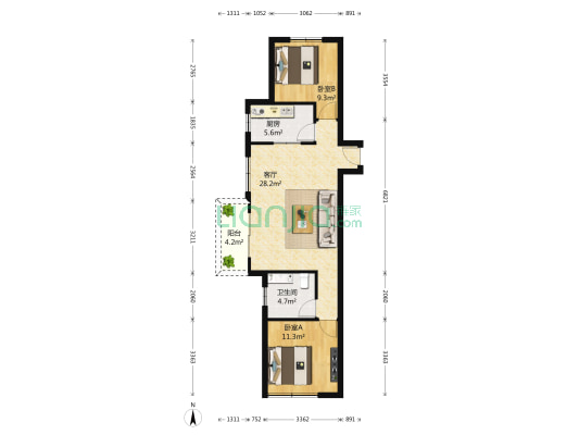 乾宝佳园 2室1厅1卫 90平方