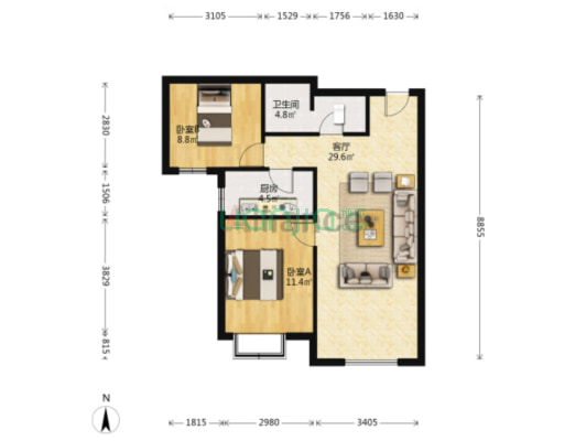 三利中和城二期C区 2室1厅 南-户型图