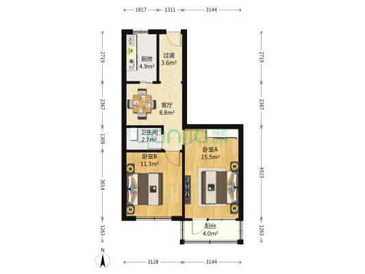 华严北里3号院 2室1厅1卫 64平方