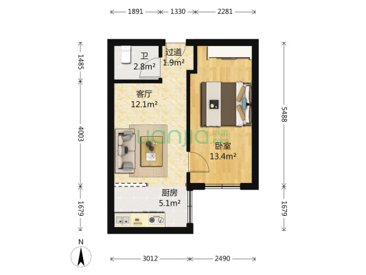 澳城大厦 1室1厅1卫 53平方