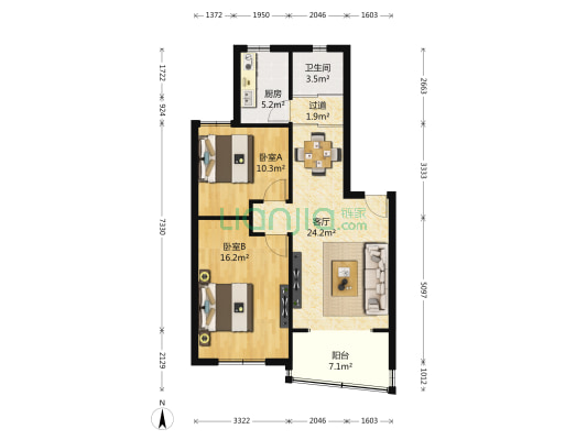 山水湖滨花园一期 2室1厅1卫 87平方
