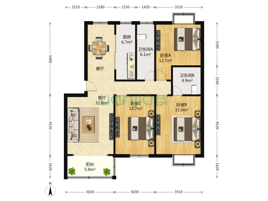 乐源城 3室2厅2卫 124平方