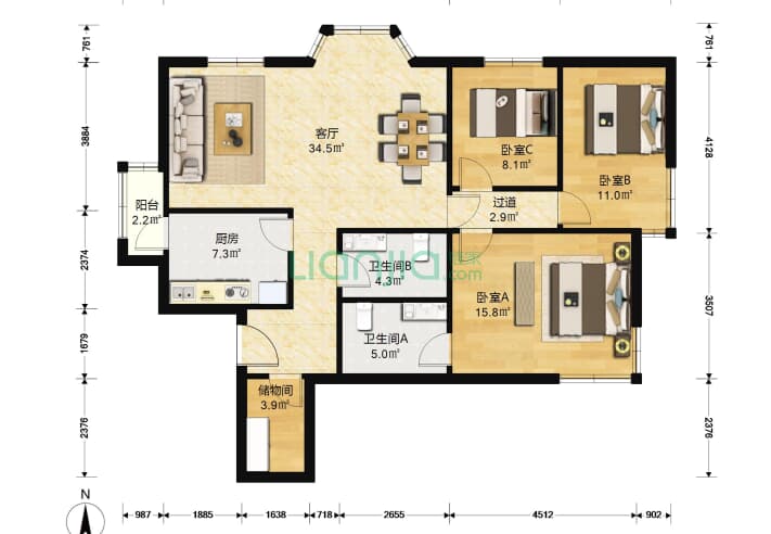 太阳园 3室1厅2卫 137㎡ 户型