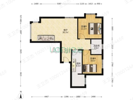 满二，南北通透两居，边户，精装修，高楼层-户型图